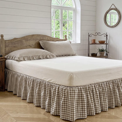 Taupe Gingham Bed Skirt Queen Size 16" Drop Pleated