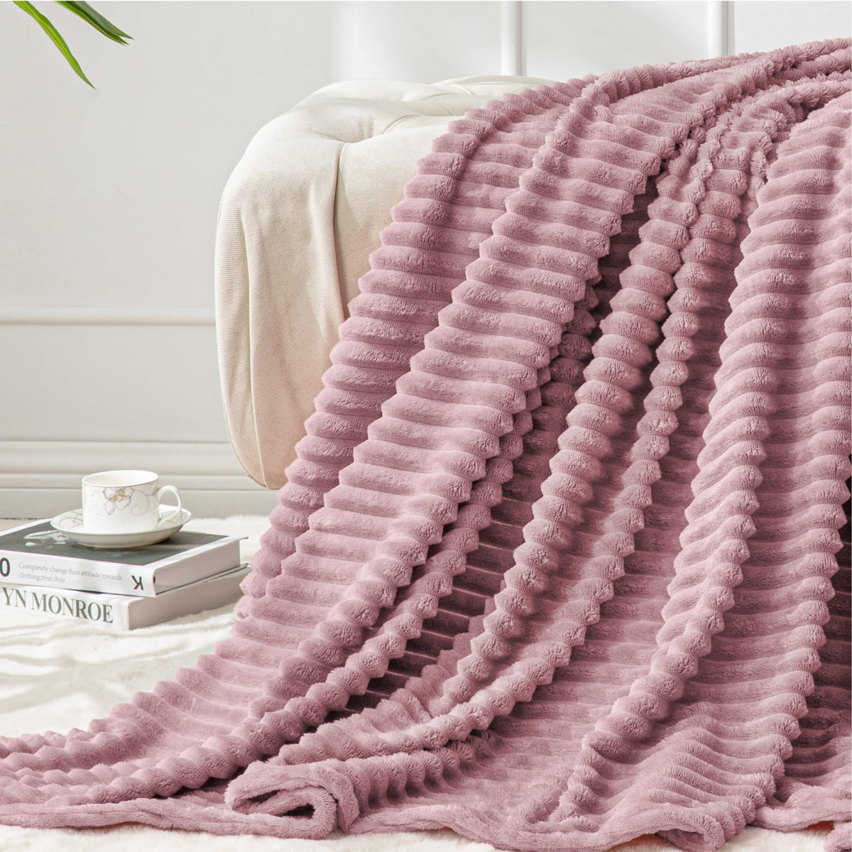 BEDELITE 3D Ribbed Jacquard Pink Fleece Throw Blanket for Couch, 50x60 Inch