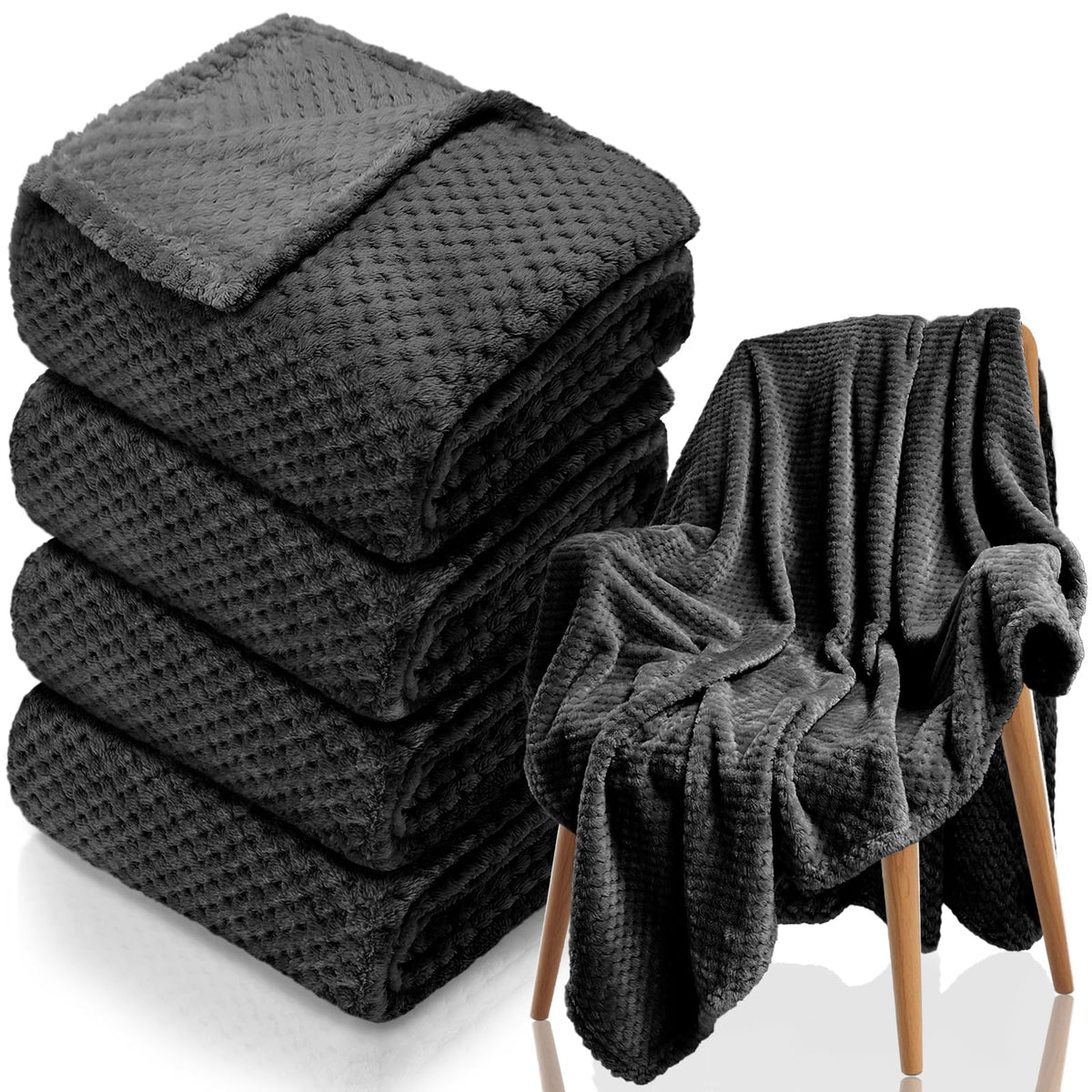 4 Pack Fleece Throw Blankets 50x60 Inches - 270 GSM Ultra Soft Plush Flannel for Bed Couch Sofa, Lightweight Warm 3D Waffle Texture, No Shedding No Pilling All Season Throw (Gray)