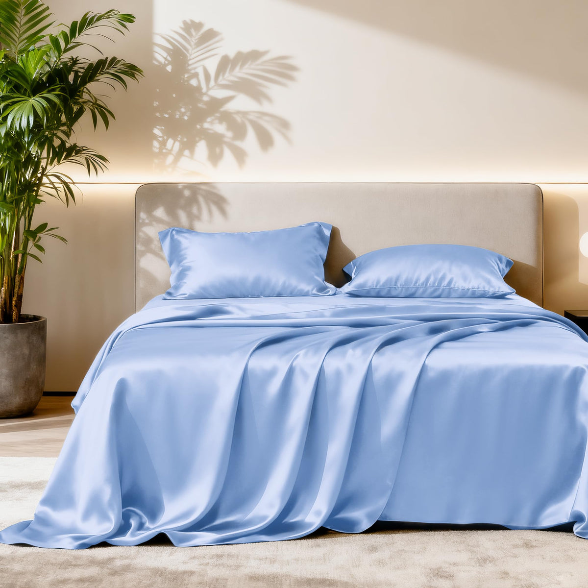 Love's cabin Satin Queen Sheets Set, 4 Pieces, Pink, 15" Deep Pocket