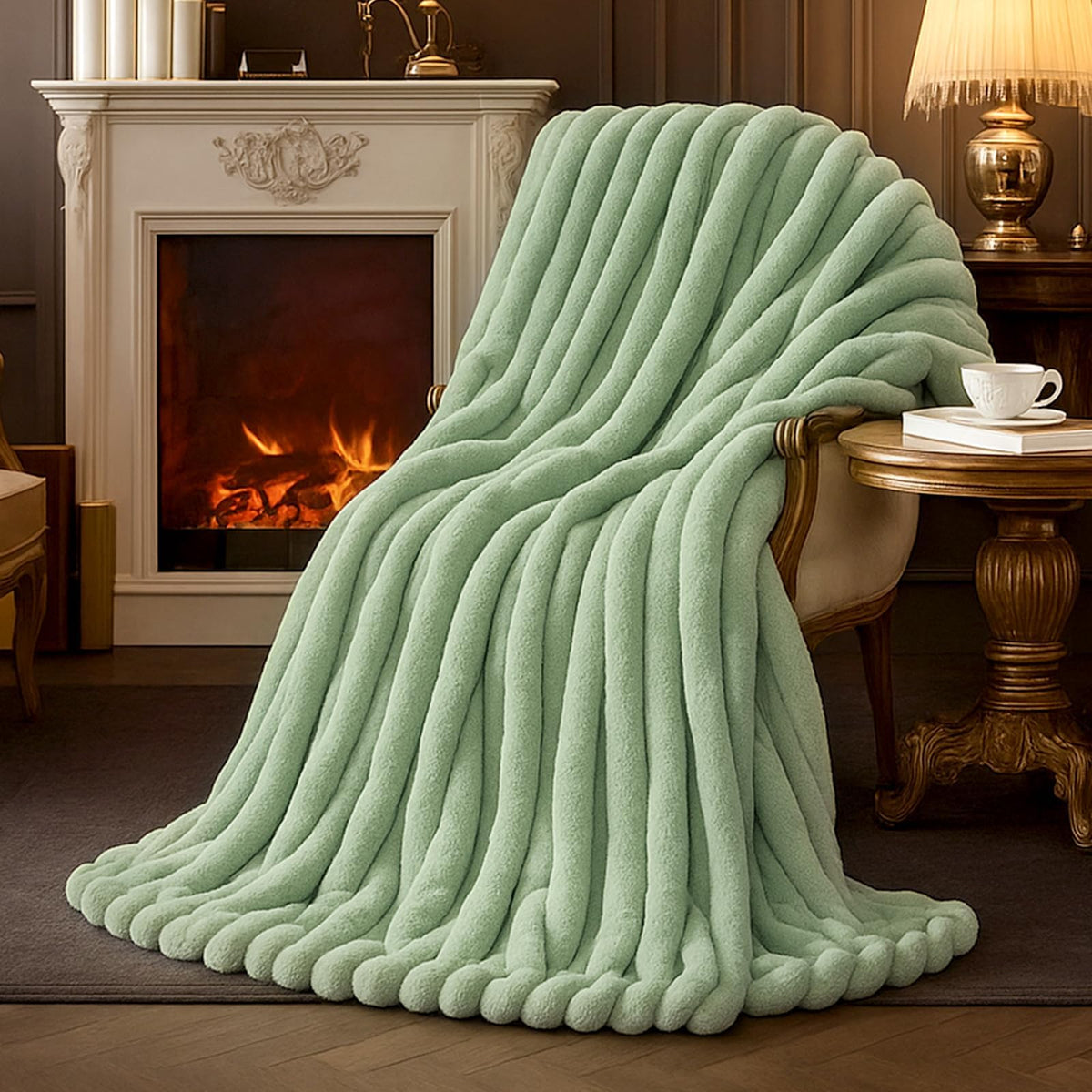 Amélie Home Soft Striped Faux Fur Throw Blanket for Couch, Beige, 55"x70"