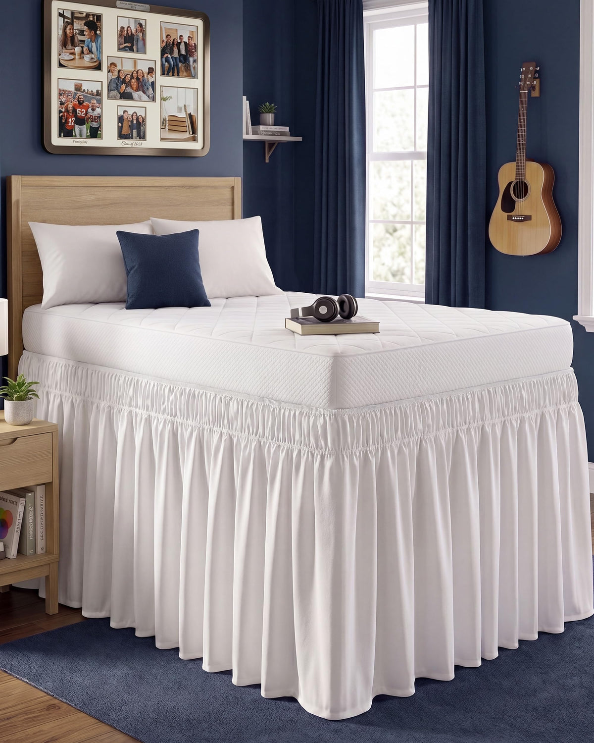 Wrap Around Queen Bed Skirt, Easy Fit Elastic Belt, 16 Inch Drop, White