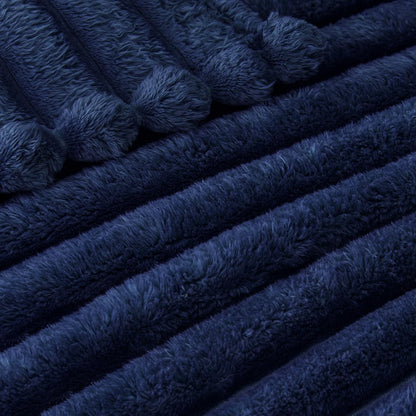 Exclusivo Mezcla Striped Fleece Throw Blanket for Couch, Sofa, Navy Blue