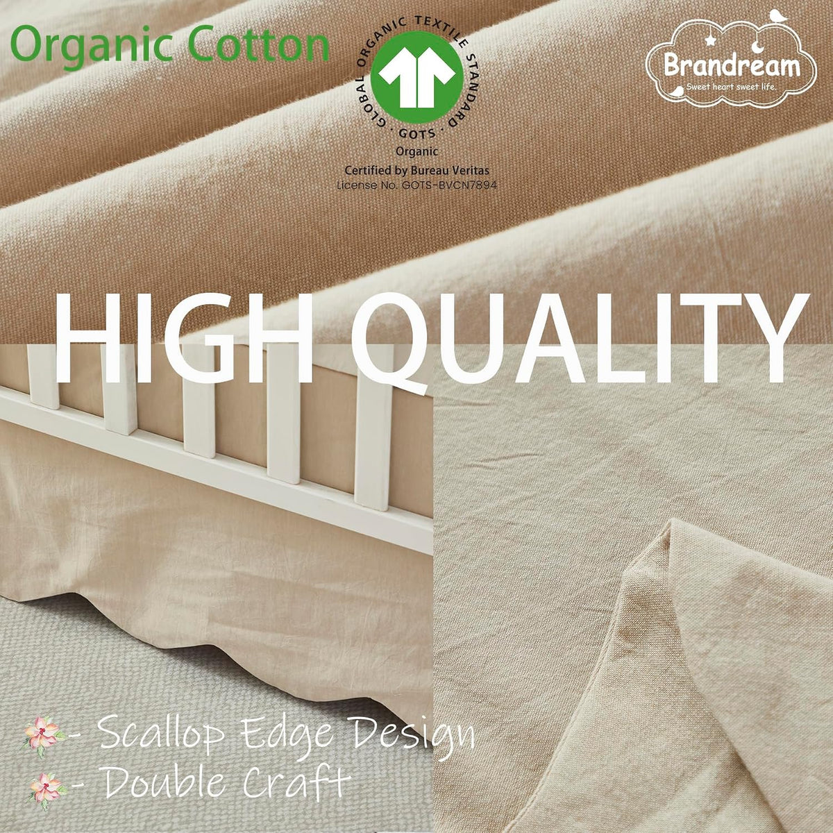 Brandream Scallop Edge Organic Cotton Crib Skirt, Baby Boy, Baby Girl, Gender Neutral Crib Skirt Toddler Bedskirt Farmhouse Chic Nursery Crib Bed Skirt, Boho Bohemian Solid Beige Skirt