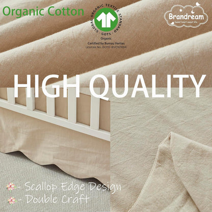 Brandream Scallop Edge Organic Cotton Crib Skirt, Baby Boy, Baby Girl, Gender Neutral Crib Skirt Toddler Bedskirt Farmhouse Chic Nursery Crib Bed Skirt, Boho Bohemian Solid Beige Skirt