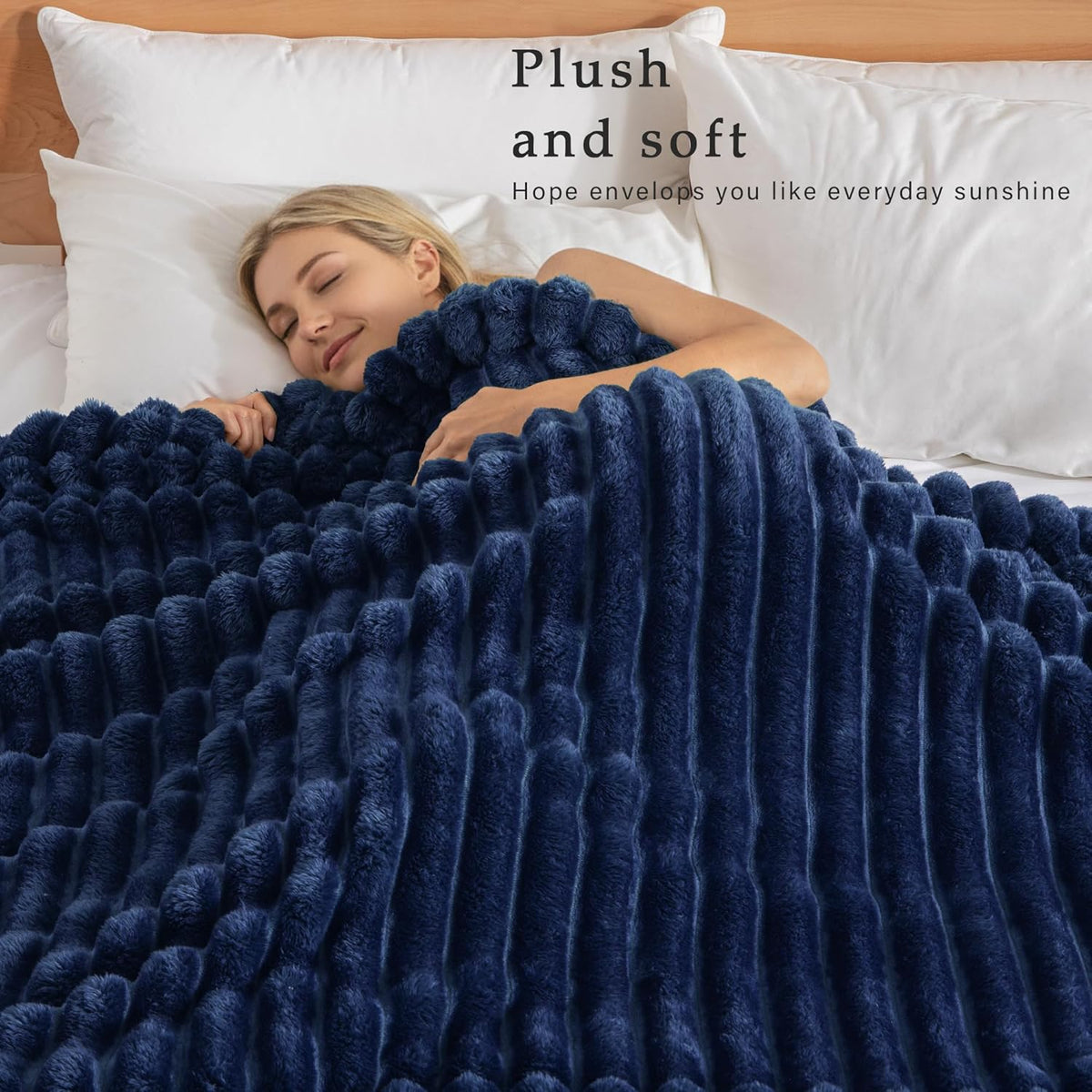 Exclusivo Mezcla Striped Fleece Throw Blanket for Couch, Sofa, Navy Blue