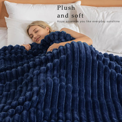 Exclusivo Mezcla Striped Fleece Throw Blanket for Couch, Sofa, Navy Blue