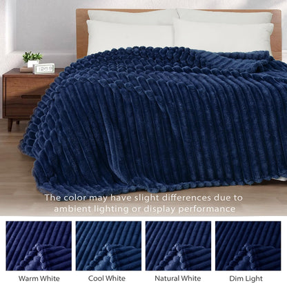 Exclusivo Mezcla Striped Fleece Throw Blanket for Couch, Sofa, Navy Blue
