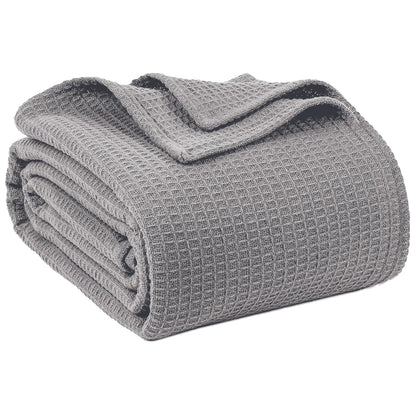 100% Cotton Blankets for Bed - Waffle Weave Blankets for Summer, Lightweight and Breathable Soft Woven Blanket for Spring (Dark Grey, Queen (90" x 90"))