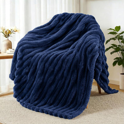 Exclusivo Mezcla Striped Fleece Throw Blanket for Couch, Sofa, Navy Blue