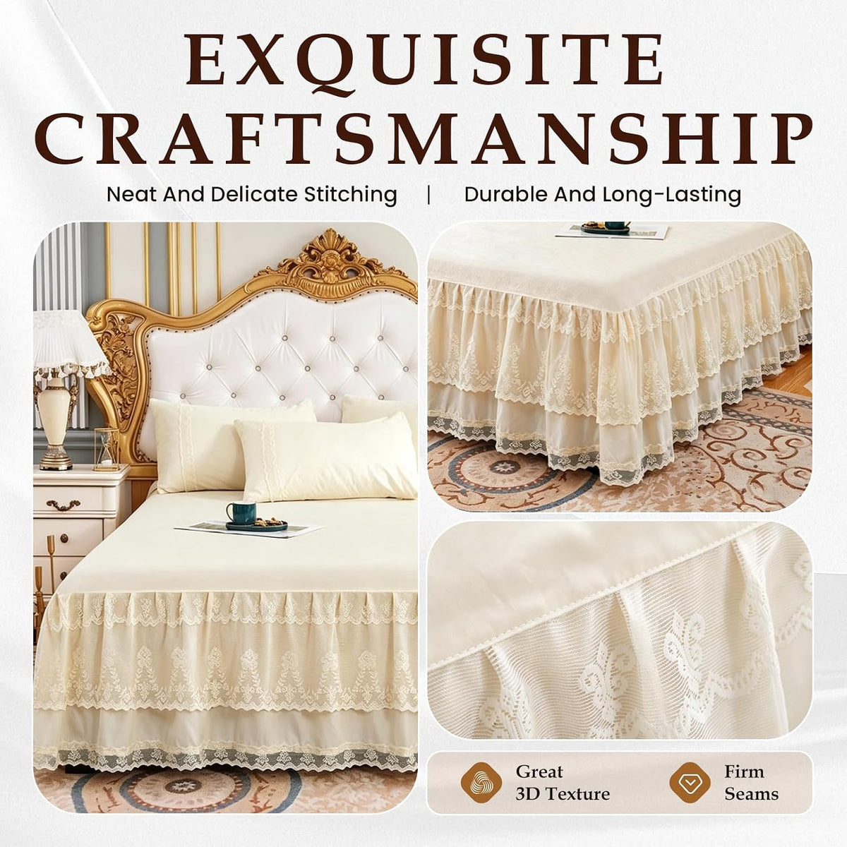 Knitted Lace Bed Skirt for Full Bed - 17" Drop, Wrap Around Bedskirt with Platform, Dust Ruffle Dorm Room Bedskirts