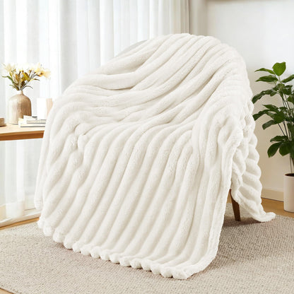 Exclusivo Mezcla Striped Fleece Throw Blanket for Couch, Sofa, Navy Blue