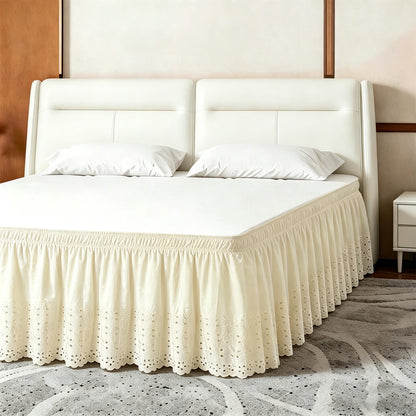 ANARACHON Full Bed Skirt, Wrap-Around Elastic Ruffled Eyelet Bed Skirt Full Size Dust Ruffle with Gathered Styling and Embroidered Details, 18" Drop Length (White)
