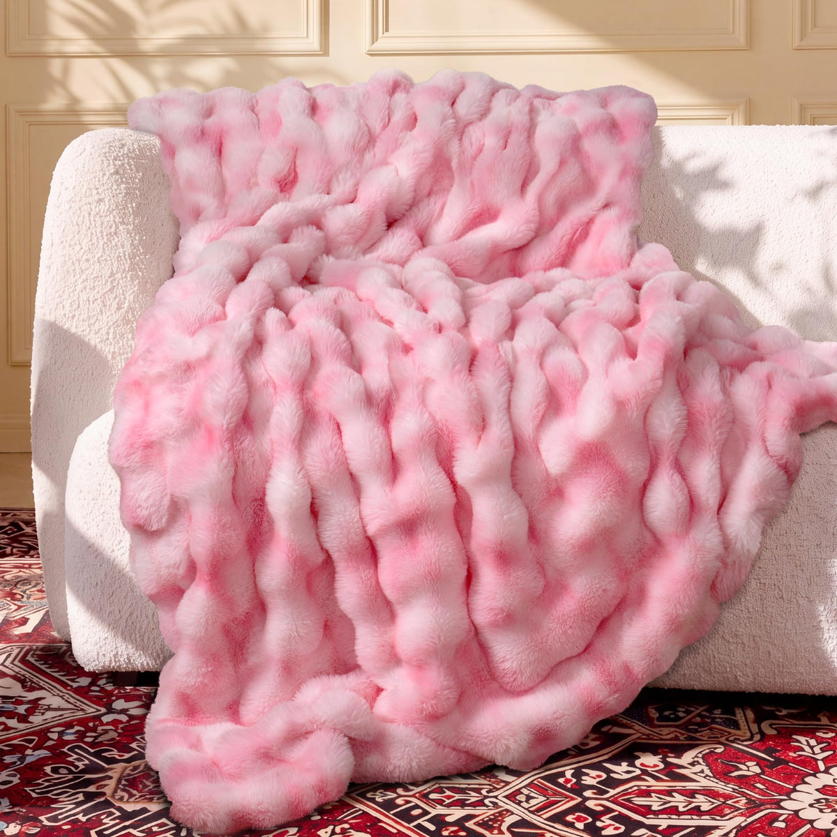 Ultra Soft Cozy Faux Fur Throw Blanket, Fuzzy Plush Thick Bubble Blanket, Luxury Fluffy Blanket for Couch, Sofa, Bedroom, and Living Room, 50x60 Inches, Cream White