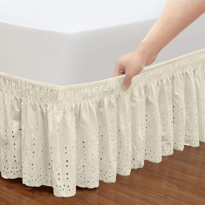 Wrap Around Elastic Eyelet Bed Skirt Dust Ruffle (Ivory, Twin/Full-18 Inch Drop)