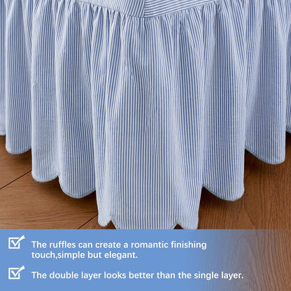 Striped Bed Skirt, Queen Size 16" Drop, Scallop Dust Ruffle, Blue