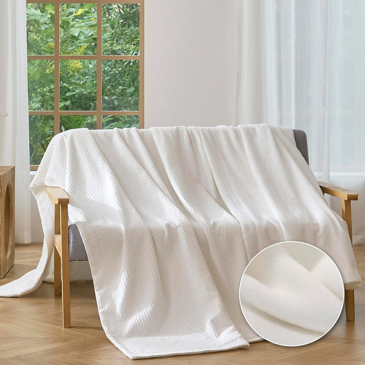 CHUFFED Cotton Waffle Blanket Queen Size-Plush Milk Velvet & Reversible Waffle Weave,Anti-Static 500Gsm Design，Thick Cozy Soft Winter Blanket for Bed, Couch, Sofa - White, 90x90 Inches