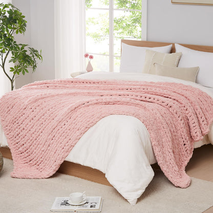L'AGRATY Chunky Knit Throw Blanket for Couch, 50'' x 60'' Knit Throw, Ivory