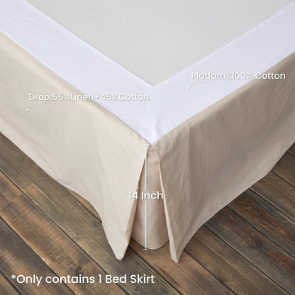 BISELINA French Linen Wrap Around Bed Skirt with Pleated Corner 14-Inch Tailored Drop Natural Flax Cotton Blend Basic Soft Cozy (14" Queen, Linen)