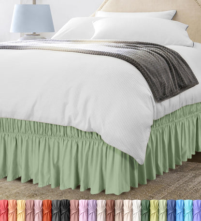Wrap Around Queen Bed Skirt, Easy Fit Elastic Belt, 16 Inch Drop, White