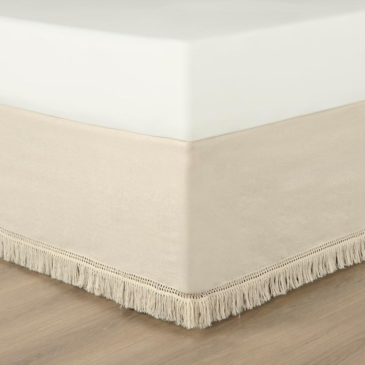 Lush Decor Boho Fringe 15-Inch Tailored Drop Easy Fit Bed Skirt King Size Single 78" W x 80" L +15" Neutral - King Bed Skirt - Wrap Around Bed Skirt