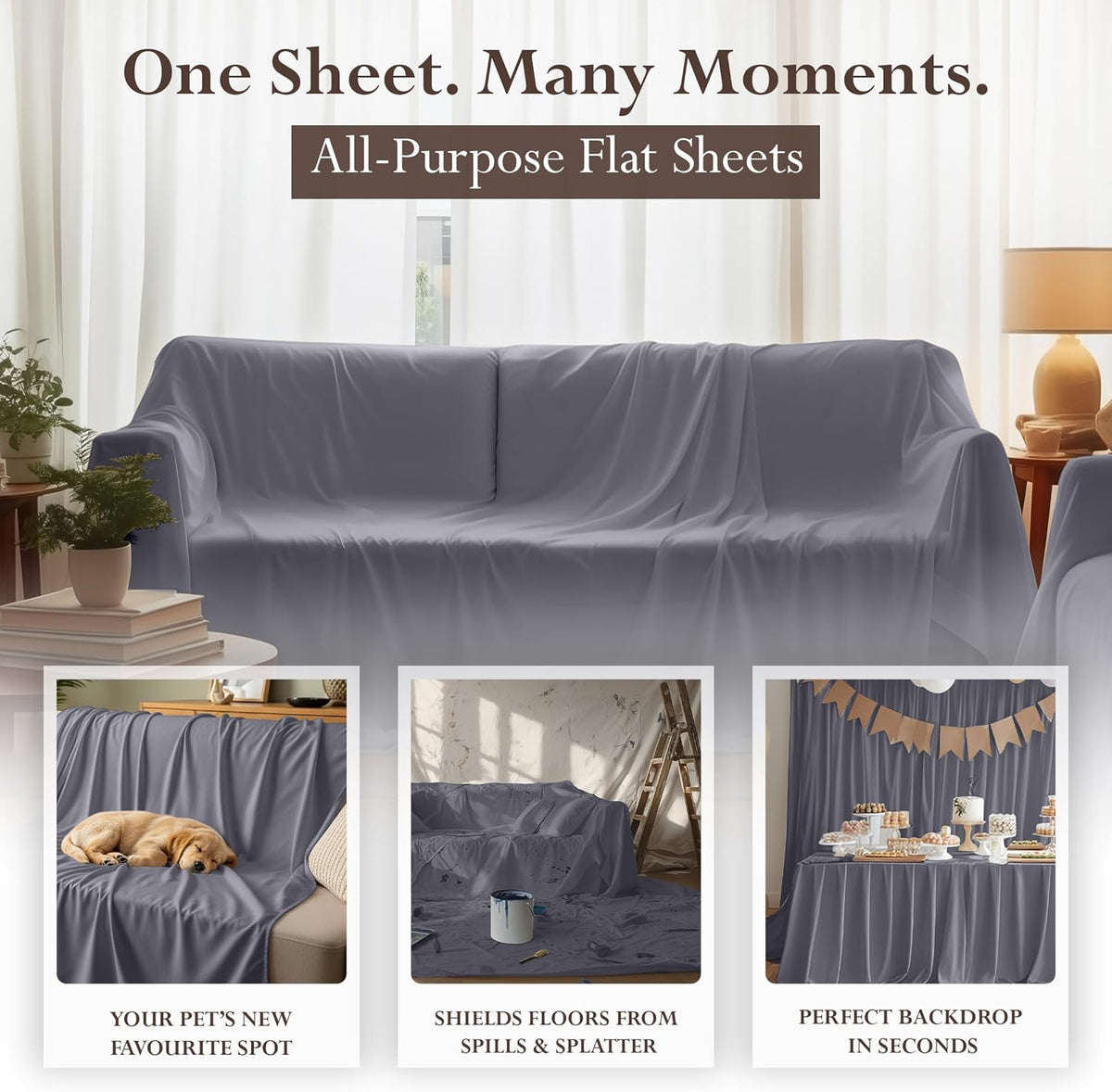 Full Size Flat Sheet Only, Ultra Soft & Breathable Hotel Sheets, Grey