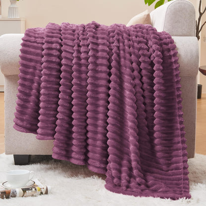 BEDELITE 3D Ribbed Jacquard Pink Fleece Throw Blanket for Couch, 50x60 Inch
