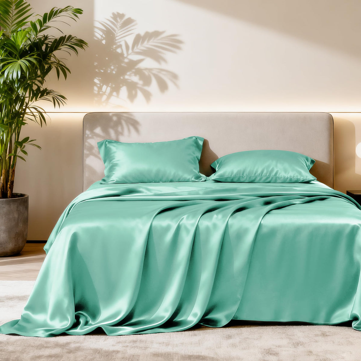 Love's cabin Satin Queen Sheets Set, 4 Pieces, Pink, 15" Deep Pocket