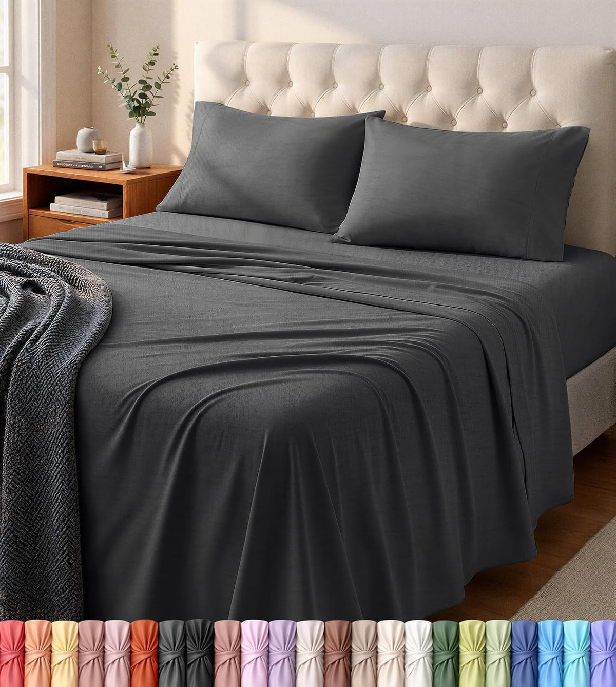 Jersey Knit Sheets 4 Piece, Cotton T-Shirt Feel, Queen, Dark Grye Grey