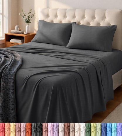 Jersey Knit Sheets 4 Piece, Cotton T-Shirt Feel, Queen, Dark Grye Grey