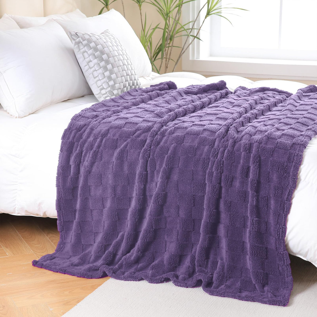 Deep Purple Fleece Throw Blanket 50”×60”Checkered Design for Couch