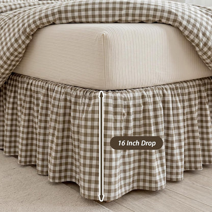 Taupe Gingham Bed Skirt Queen Size 16" Drop Pleated