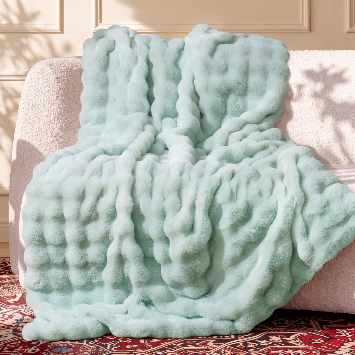 Ultra Soft Cozy Faux Fur Throw Blanket, Fuzzy Plush Thick Bubble Blanket, Luxury Fluffy Blanket for Couch, Sofa, Bedroom, and Living Room, 50x60 Inches, Cream White