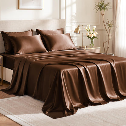 Love's cabin Satin Queen Sheets Set, 4 Pieces, Pink, 15" Deep Pocket