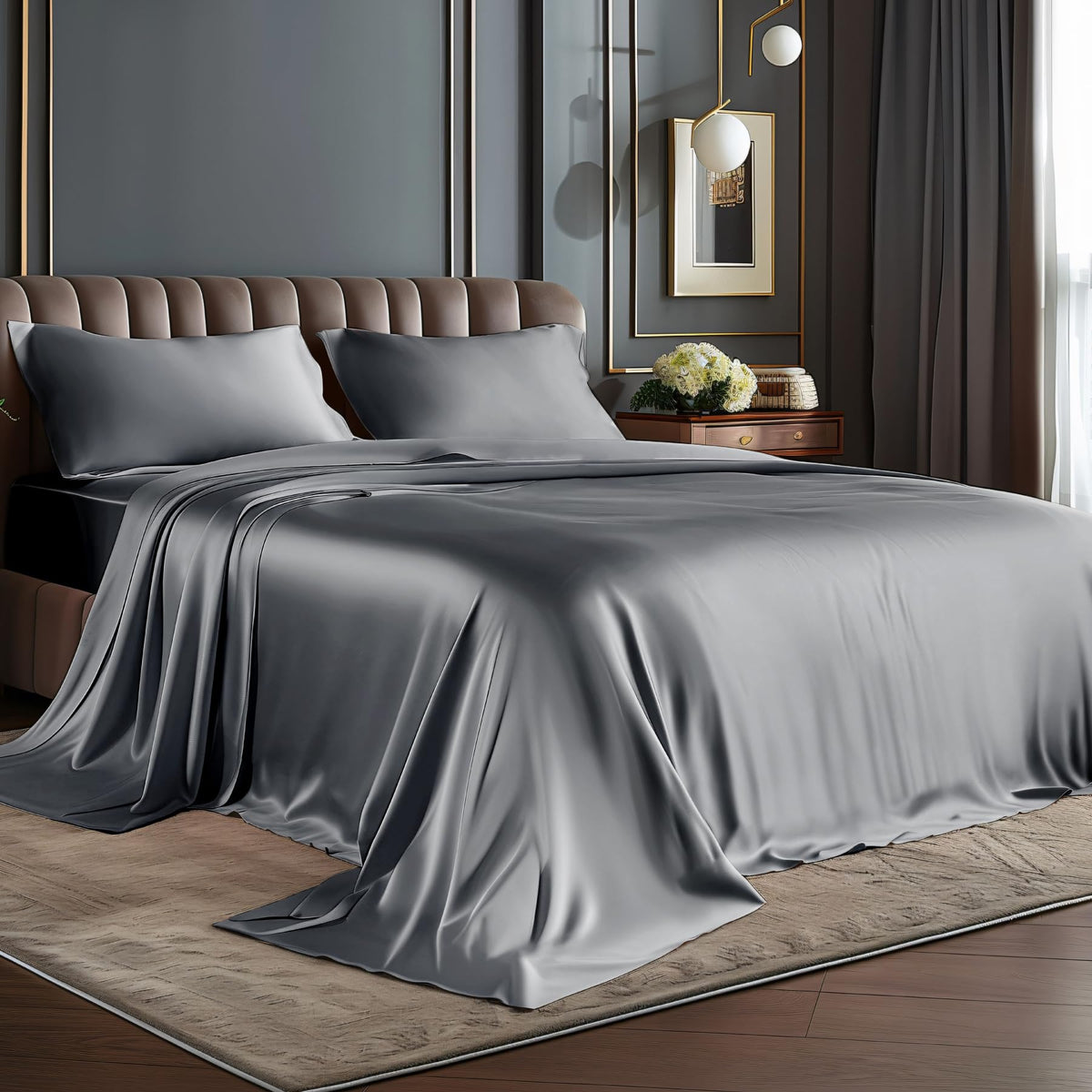 BEDELITE Satin Sheets Queen Size Bed Set, Black, 4 Pieces