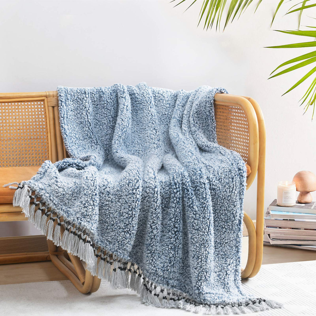 Ultra Soft Fleece Sherpa Blanket King Size,Lightweight Cozy Boho Bed Blanket with Decorative Tassel, Pattern Reversible, 2 Tones Ombre Light Brown,104”x90”