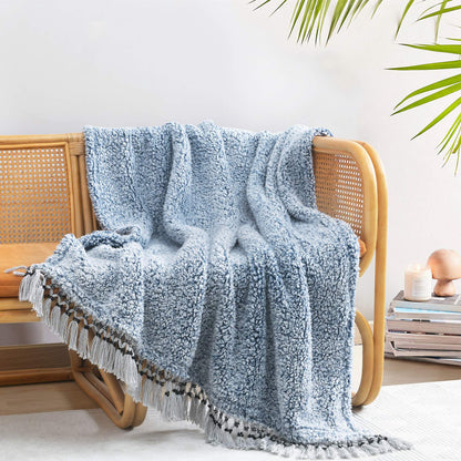 Ultra Soft Fleece Sherpa Blanket King Size,Lightweight Cozy Boho Bed Blanket with Decorative Tassel, Pattern Reversible, 2 Tones Ombre Light Brown,104”x90”