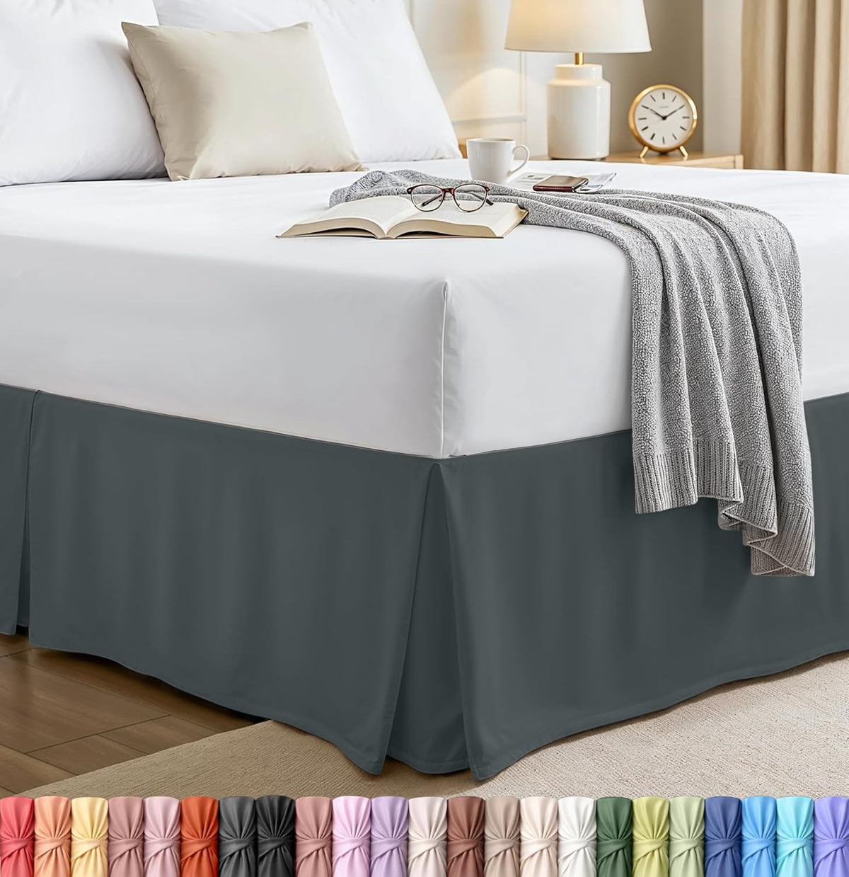 Queen Size Pleated Bed Skirt, Hides Under-Bed Storage 16 Inch Drop, Grey