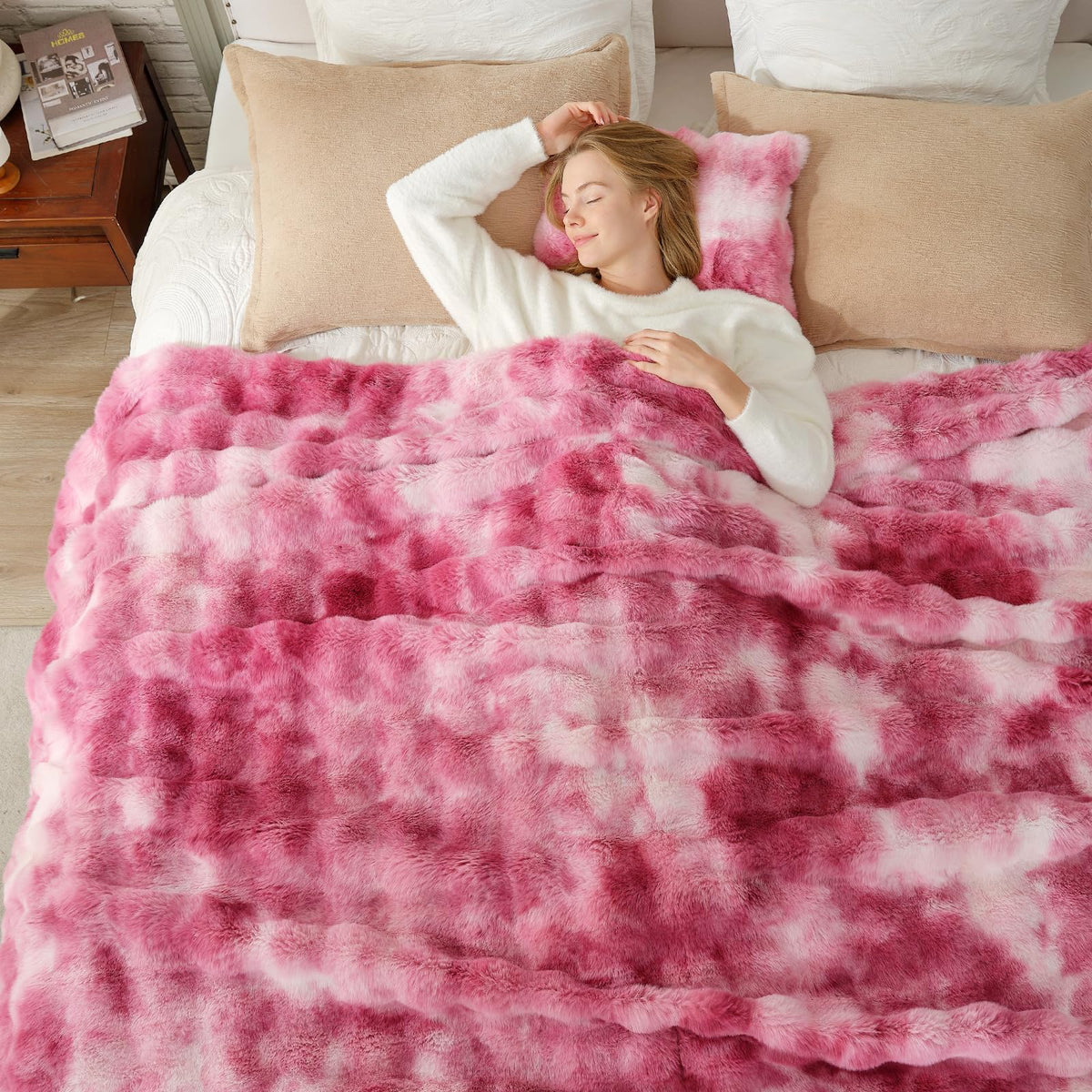 Cozy Bliss Faux Fur Throw Blanket for Couch, Fuzzy Soft Plush Thick Bubble Blanket for Sofa Bedroom Living Room, 50 * 60 Inches Tie-dye Taupe