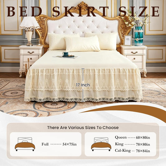 Knitted Lace Bed Skirt for Full Bed - 17" Drop, Wrap Around Bedskirt with Platform, Dust Ruffle Dorm Room Bedskirts