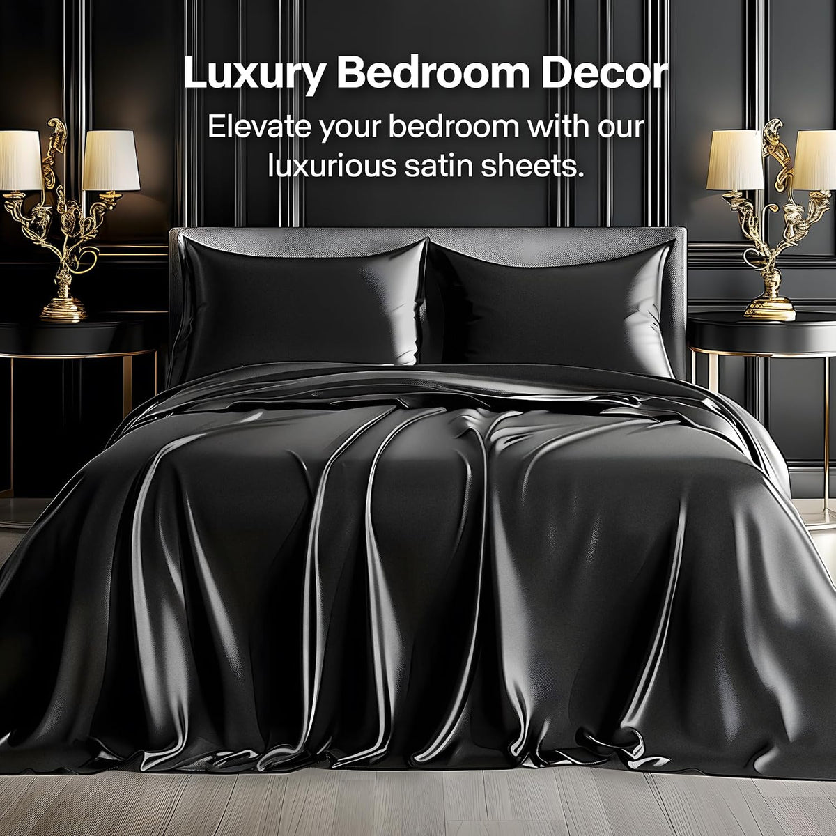 BEDELITE Satin Sheets Queen Size Bed Set, Black, 4 Pieces