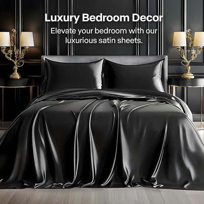 BEDELITE Satin Sheets Queen Size Bed Set, Black, 4 Pieces