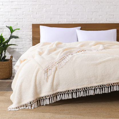 Ultra Soft Fleece Sherpa Blanket King Size,Lightweight Cozy Boho Bed Blanket with Decorative Tassel, Pattern Reversible, 2 Tones Ombre Light Brown,104”x90”