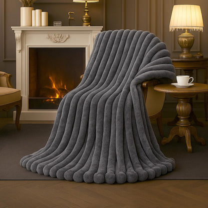 Amélie Home Soft Striped Faux Fur Throw Blanket for Couch, Beige, 55"x70"