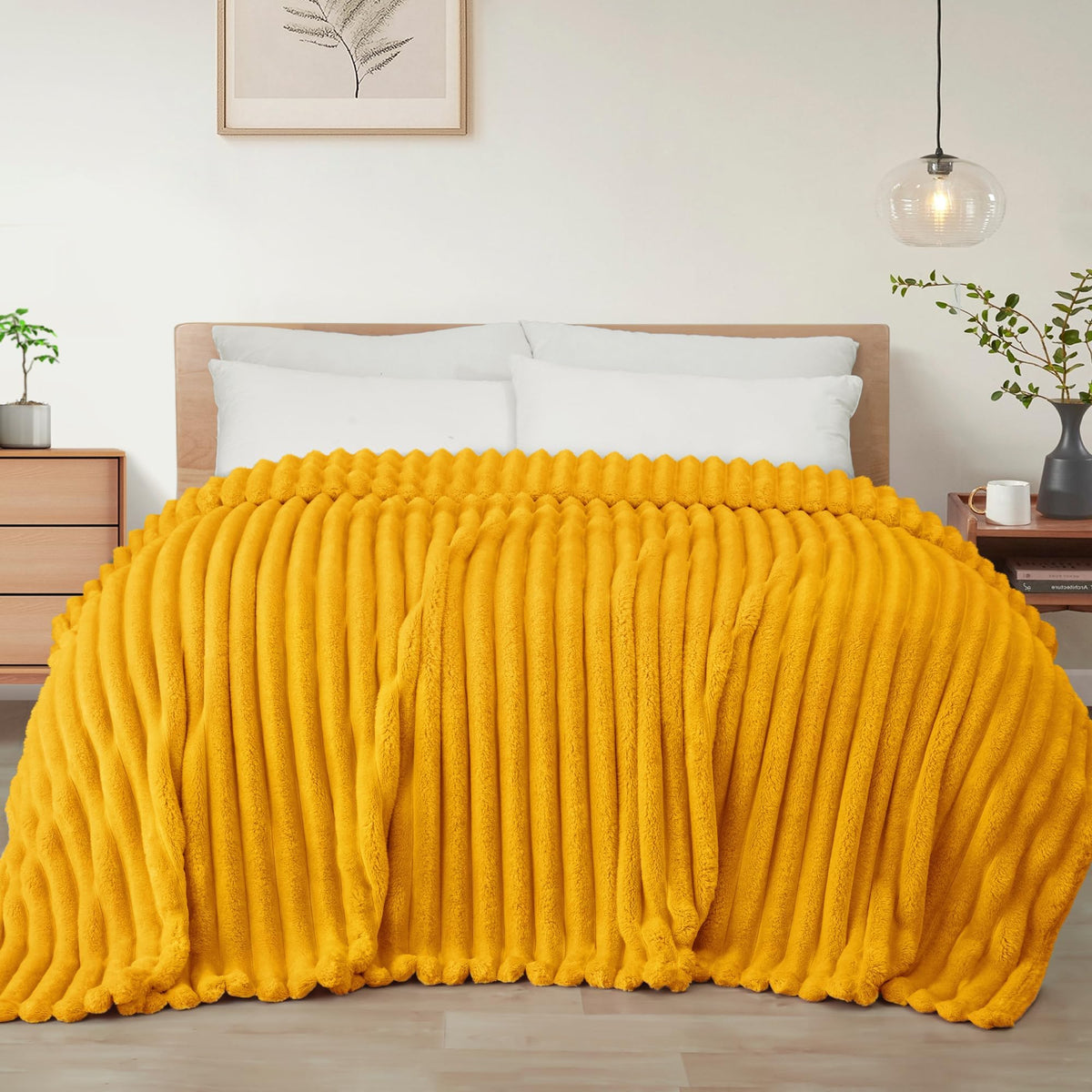 Exclusivo Mezcla Striped Fleece Throw Blanket for Couch, Sofa, Navy Blue