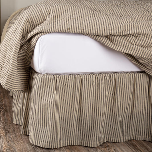 VHC Brands Sawyer Mill Ticking Striped Cotton Farmhouse Split Corners Gathered King Bed Skirt, 78x80x16, Charcoal Dark Creme White