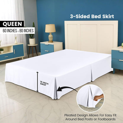 Queen Size Pleated Bed Skirt, Hides Under-Bed Storage 16 Inch Drop, White