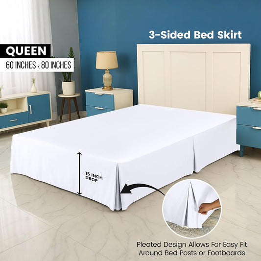 Queen Size Pleated Bed Skirt, Hides Under-Bed Storage 16 Inch Drop, White