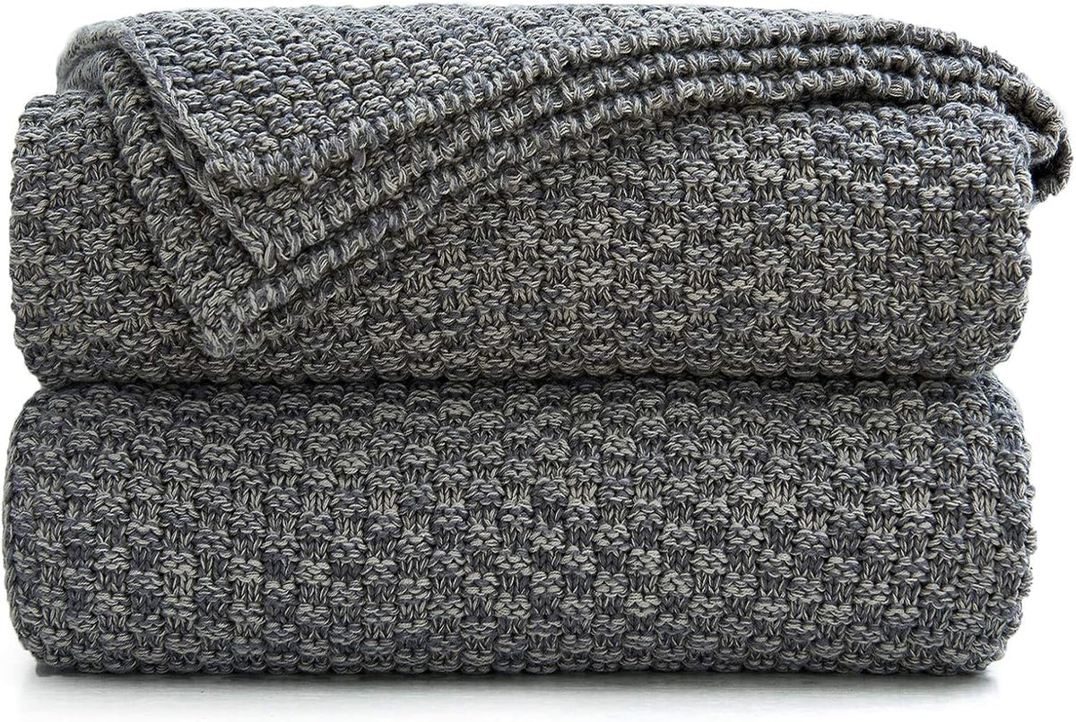 Longhui bedding 100% Cotton Knitted Throw Blanket – Dark Grey, Soft & Cozy, Machine Washable, 51"x63" – Perfect for Living Room, Couch, Sofa, Bed or Travel