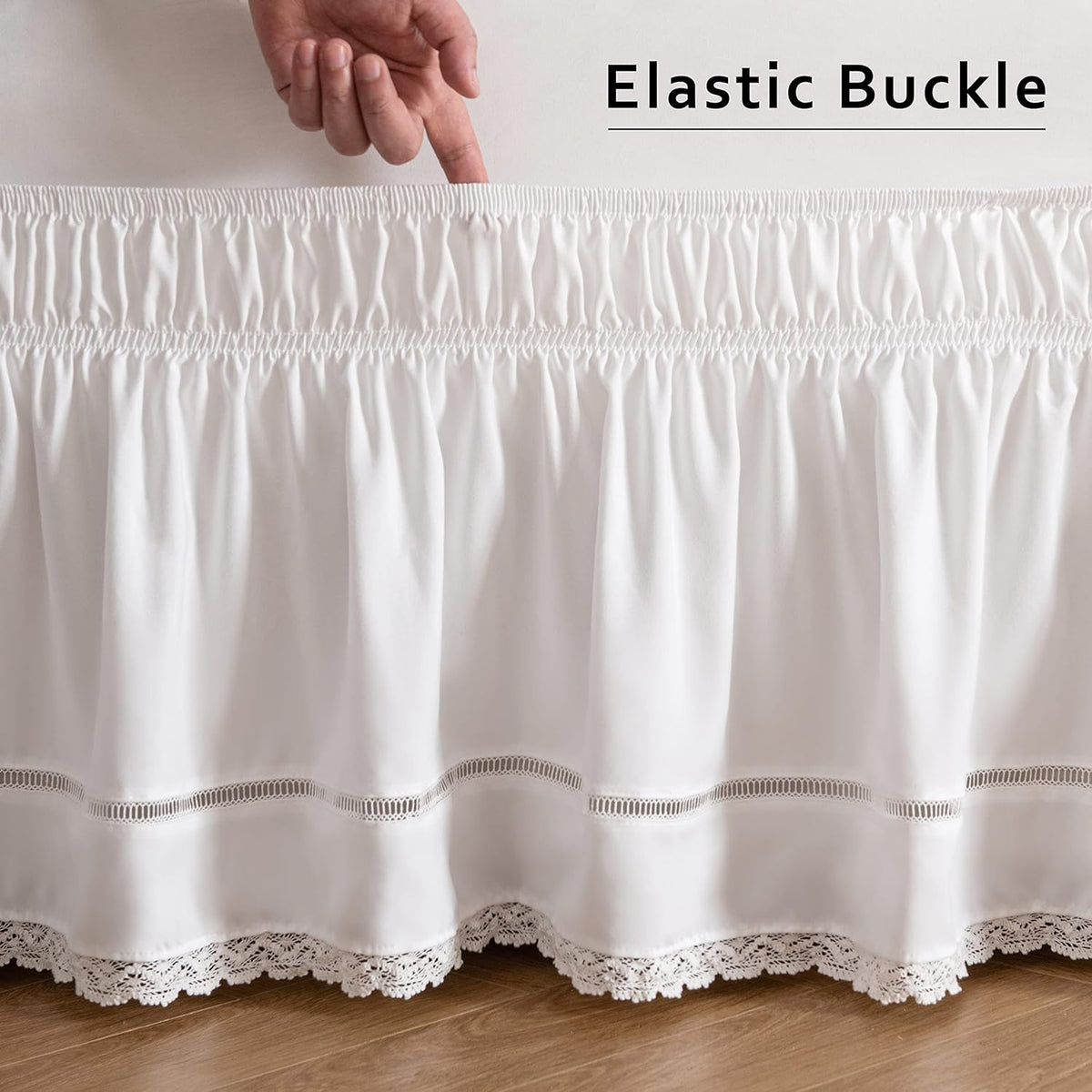 MIYE Wrap Around Ruffled Lace Bed Skirt, Elastic Dust Ruffle with Adjustable Belts, Easy to Put On, Bed Frame Cover, Machine Washable (Floral Lace/White, King/Queen-15 Drop)